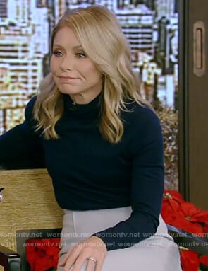 Kelly’s blue turtleneck sweater and skirt on Live with Kelly and Ryan