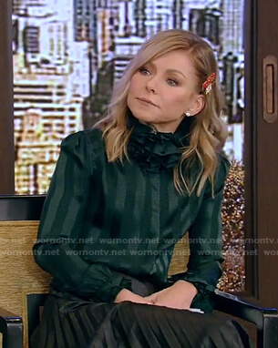 Kelly's green striped ruffle blouse and pleated skirt on Live with Kelly and Ryan