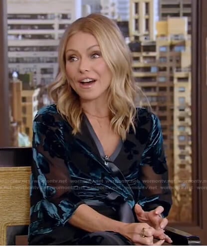 Kelly’s blue velvet trim wrap dress on Live with Kelly and Ryan