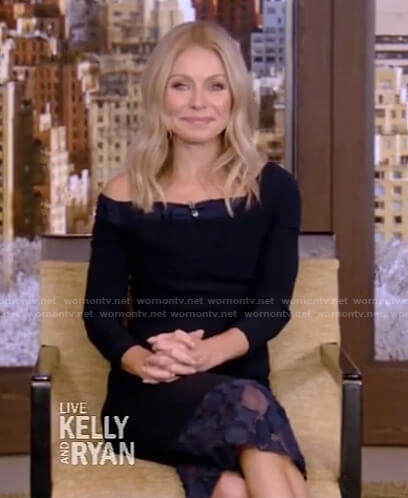 Kelly’s navy lace trimmed sheath dress on Live With Kelly