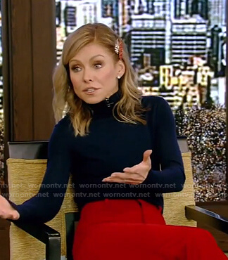 Kelly’s turtleneck sweater and red flared pants on Live with Kelly and Ryan