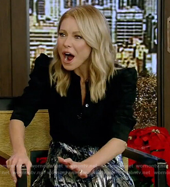 Kelly’s black puff shoulder blouse and skirt on Live with Kelly and Ryan