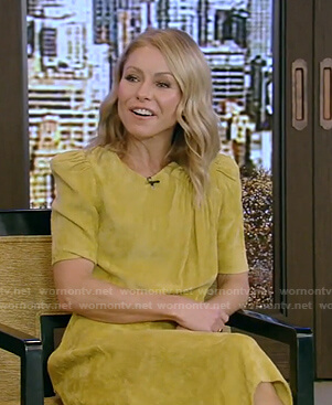 Kelly’s yellow corduroy midi dress on Live with Kelly and Ryan