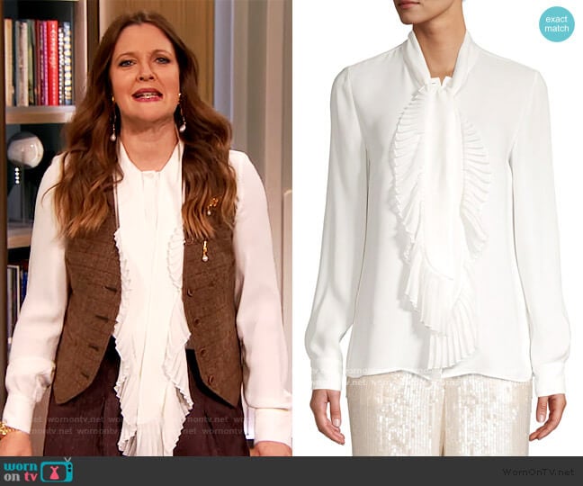 Bates Pleated Neckline Silk Blouse by Lafayette 148 New York worn by Drew Barrymore on The Drew Barrymore Show