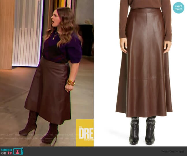 Sumner Plonge Leather Midi Skirt by Lafayette 148 worn by Drew Barrymore on The Drew Barrymore Show