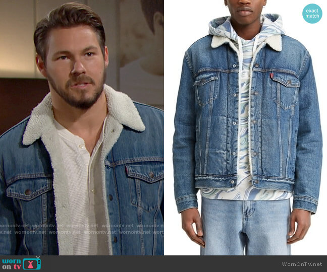 Levis Faux Fur Lined Denim Trucker Jacket worn by Liam Spencer (Scott Clifton) on The Bold and the Beautiful