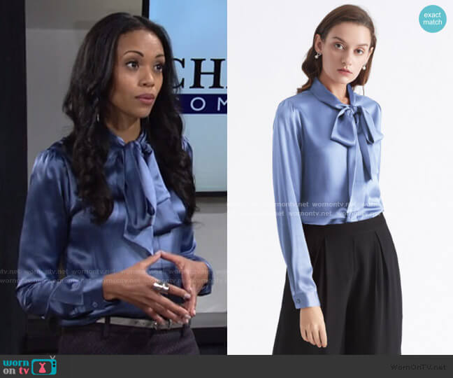 Bow-tie Neck Silk Blouse by Lily Silk worn by Amanda Sinclair (Mishael Morgan) on The Young and the Restless