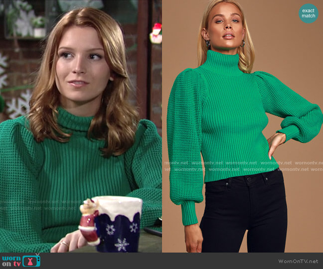 Ribbed Balloon Sleeve Turtleneck Sweater by Lulus worn by Jordan (Madison Thompson) on The Young and the Restless