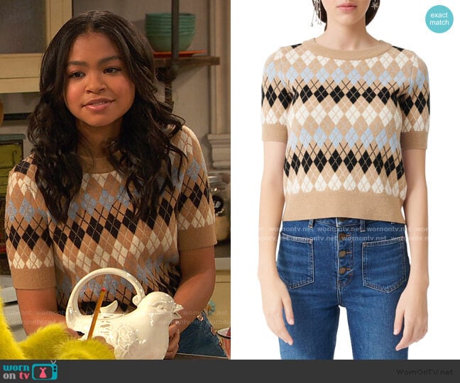 Short Sleeve Wool Blend Argyle Sweater by Maje worn by Nia Baxter (Navia Robinson) on Ravens Home