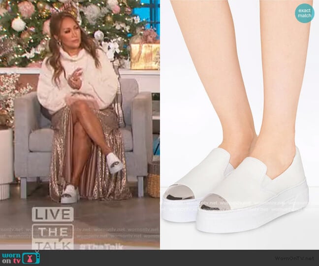 Cap-Toe Metallic Platform Slip-On Sneakers by Miu Miu worn by Carrie Inaba on The Talk