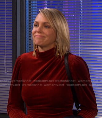 Nicole’s red mock neck velvet dress on Days of our Lives