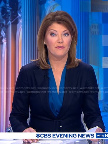 Norah’s navy belted blazer on CBS Evening News