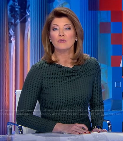 Norah’s green cowl neck dress on CBS Evening News