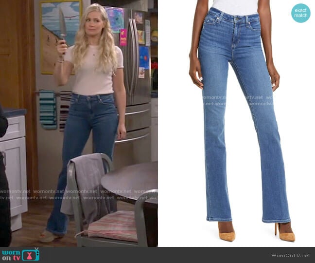 Paige Transcend Laurel Canyon High Waist Flare Jeans worn by Gemma (Beth Behrs) on The Neighborhood