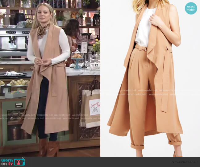 Sleeveless Draped Longline Jacket With Tie Belt by Paisie worn by Sharon Newman (Sharon Case) on The Young and the Restless