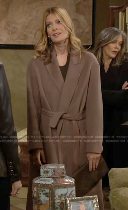 Phyllis’s taupe wrap coat on The Young and the Restless