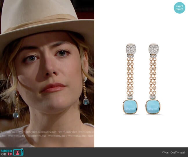 Pomellato 18kt rose and white gold Nudo sky blue topaz and diamond drop earrings worn by Hope Logan (Annika Noelle) on The Bold and the Beautiful