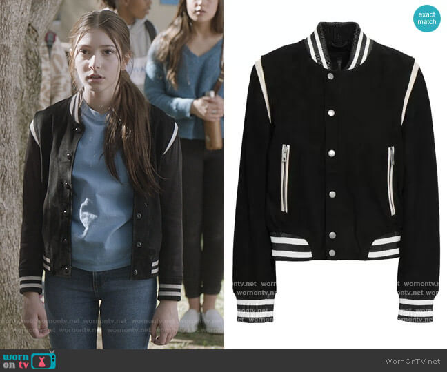 Baela suede bomber jacket by Rag and Bone worn by Natalie (Makenzie Moss) on The Unicorn