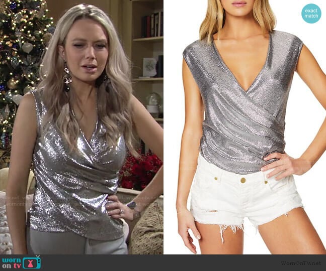 Rumi Faux-Wrap Foil Top by Ramy Brook worn by Abby Newman (Melissa Ordway) on The Young and the Restless