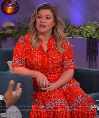 Kelly’s red floral tie waist dress on The Kelly Clarkson Show