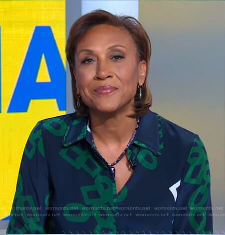 Robin’s navy and green link print blouse on Good Morning America