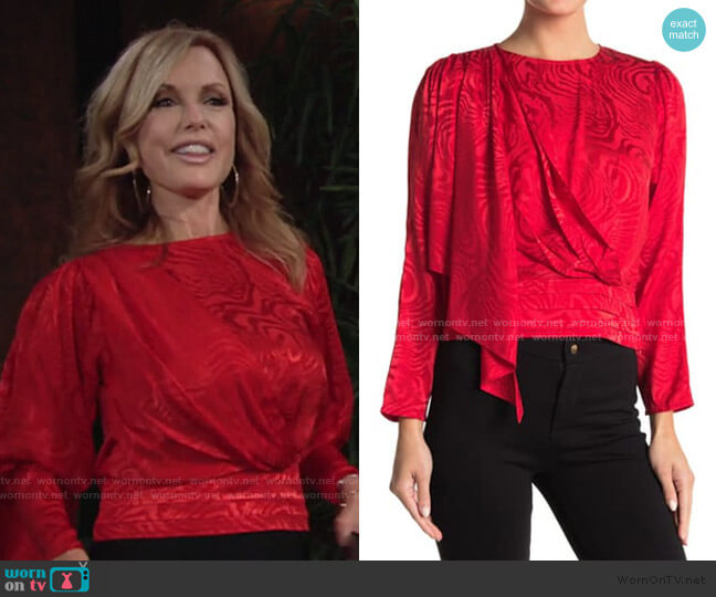 Monet Silk Blend Jacquard Draped Blouse by Ronny Kobo worn by Lauren Fenmore (Tracey Bregman) on The Young and the Restless