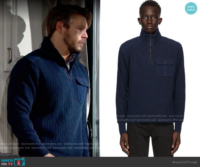 RRL Navy Ribbed Quarter-Zip Sweater worn by Liam Spencer (Scott Clifton) on The Bold and the Beautiful