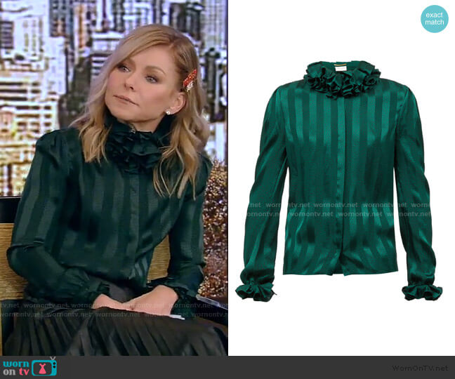 Ruffled striped silk-satin blouse by Saint Laurent worn by Kelly Ripa on Live with Kelly and Mark