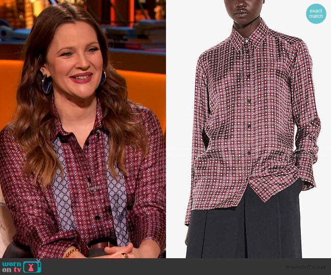 Geometric Floral-Print Silk-Twill Shirt by Sandro worn by Drew Barrymore on The Drew Barrymore Show