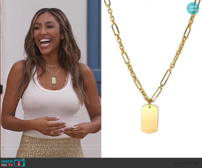 Large Gold Dog Tag Necklace by Shalla Wista worn by Tayshia Adams on The Bachelorette