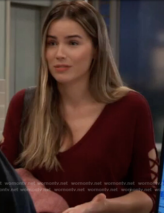 Sasha’s red lace-up sleeve top on General Hospital