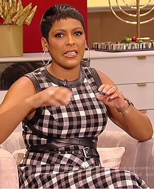 Tamron’s black belted plaid dress on Tamron Hall Show