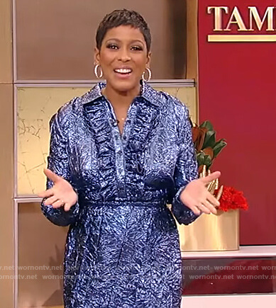 Tamron's blue metallic foil blouse and skirt on Tamron Hall Show