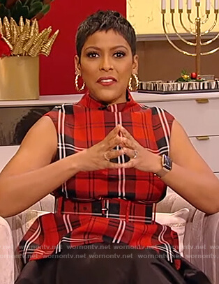 Tamron's red plaid belted top on Tamron Hall Show