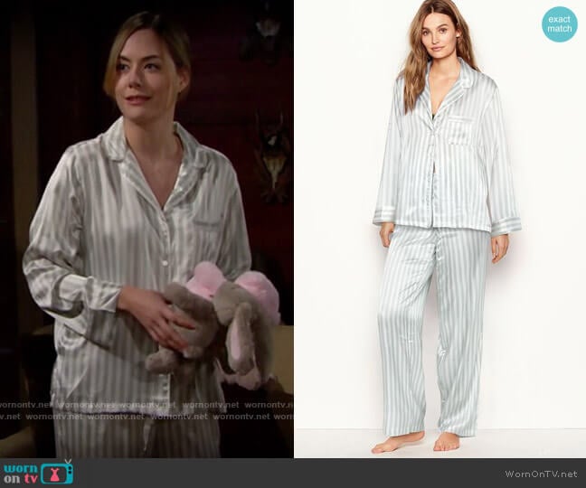 Victorias Secret Satin Long PJ Set in White/Grey Casual Stripe worn by Hope Logan (Annika Noelle) on The Bold and the Beautiful