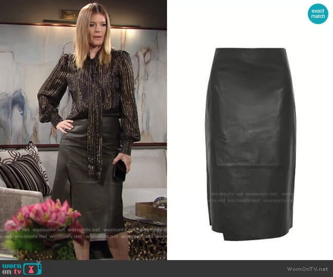 Slit Leather Midi Skirt by Vince worn by Phyllis Summers (Michelle Stafford) on The Young and the Restless