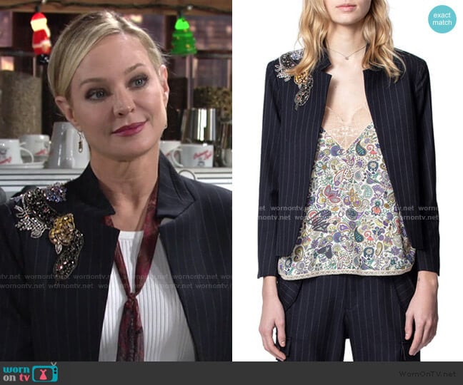 Vollys Pinstripe Embellished Jacket by Zadig & Voltaire worn by Sharon Newman (Sharon Case) on The Young and the Restless