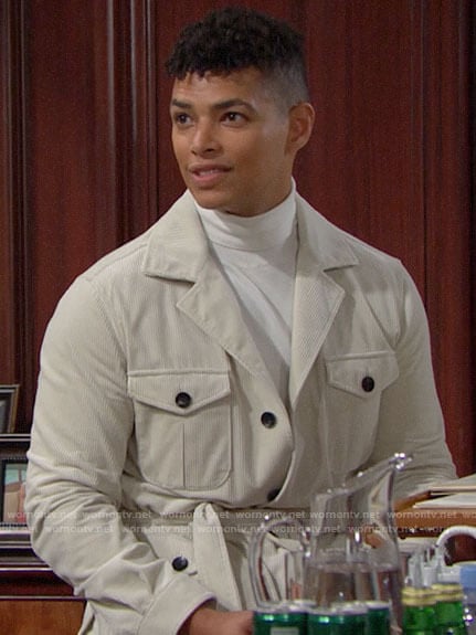 Zende's white corduroy jacket on The Bold and the Beautiful