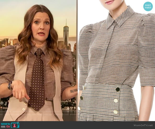 Will Prince Of Wales Check Puff-Sleeve Silk-Blend Blouse by Alice + Olivia worn by Drew Barrymore on The Drew Barrymore Show