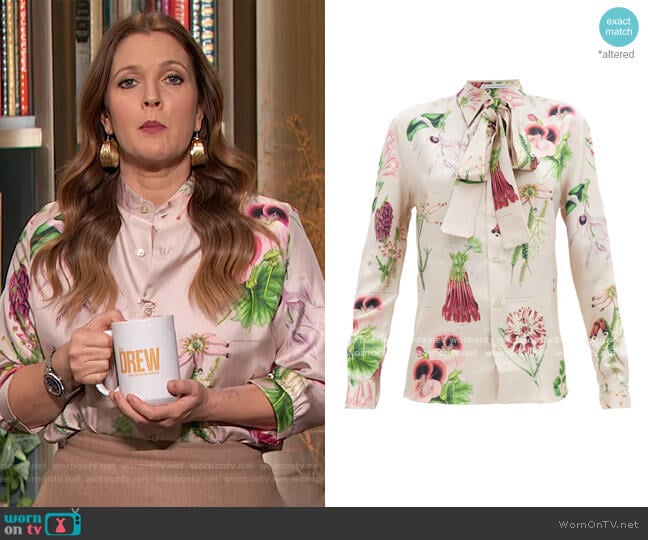 Annotated floral-print silk-twill shirt by Alister Mackie worn by Drew Barrymore on The Drew Barrymore Show