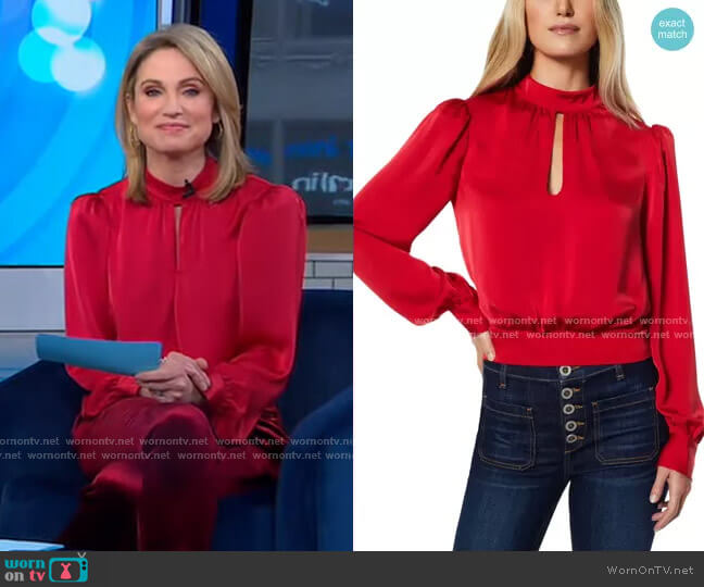 WornOnTV: Amy’s red keyhole blouse and velvet pants on Good Morning ...