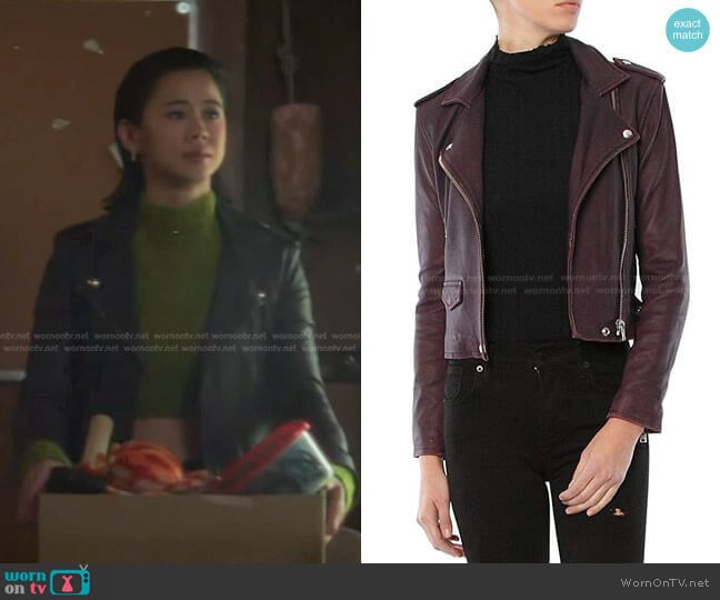 Iro Ashville Leather Jacket in Plum worn by George Fan (Leah Lewis) on Nancy Drew