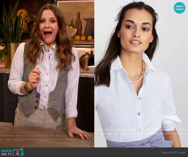 Non-Iron Striped Supima Cotton Dobby Contrast-Collar Fitted Shirt by Brooks Brothers worn by Drew Barrymore on The Drew Barrymore Show