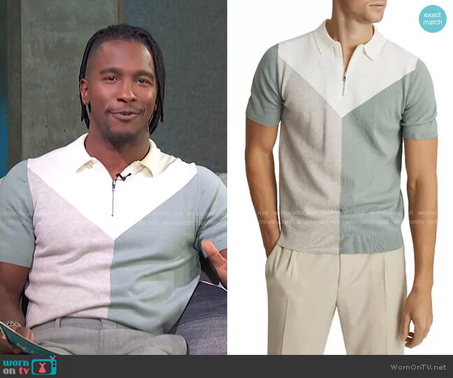 Butler Colorblock Wool Blend Zip Polo in Sage by Reiss worn by Scott Evans on Access Hollywood