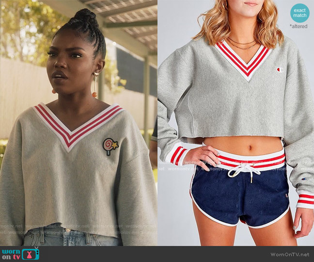 Yarn Dye Stripe Rib Cropped V-Neck by Champion worn by Jillian (Ryan Destiny) on Grown-ish