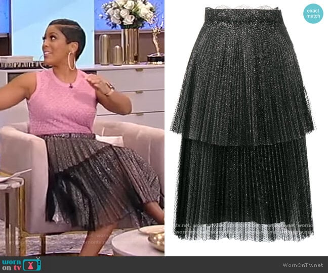 Glitter tulle tiered pleated skirt by Christopher Kane worn by Tamron Hall on Tamron Hall Show