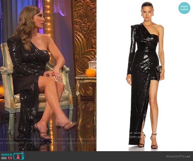 Ruched Asymmetric Sequin Gown by David Koma worn by Kelly Dodd on The Real Housewives of Orange County