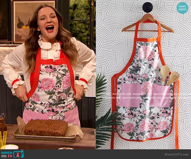 Vintage Floral Apron by Drew Barrymore Flower Home worn by Drew Barrymore on The Drew Barrymore Show