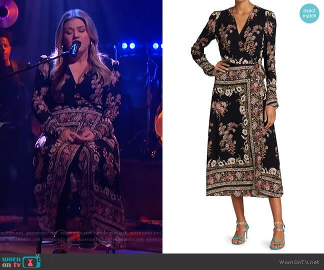 Hirzai Floral Wrap Midi Dress by Etro worn by Kelly Clarkson on The Kelly Clarkson Show