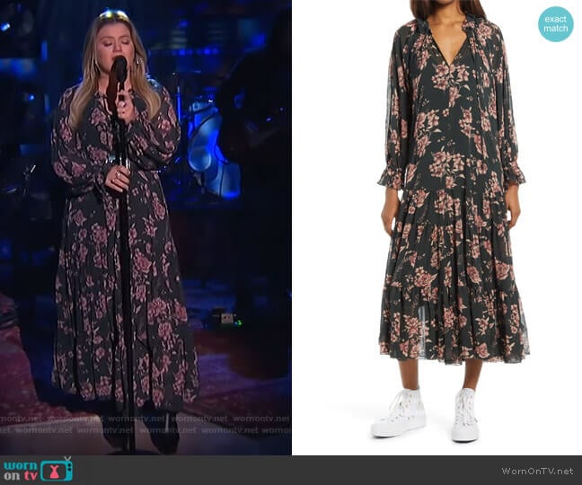 Feeling Groovy Long Sleeve Midi Dress by Free People worn by Kelly Clarkson on The Kelly Clarkson Show